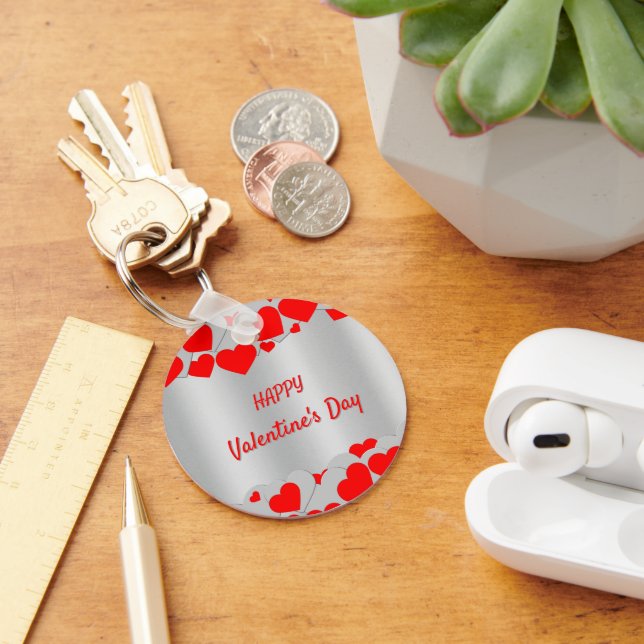  Personalised Red Silver Hearts Pattern on silver Key Ring (Desk)