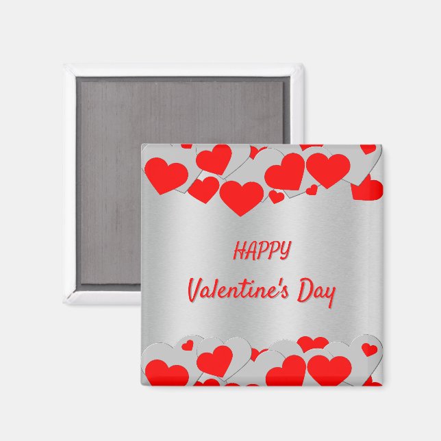  Personalised Red Silver Hearts Pattern on silver Magnet (Front/Back)