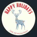 Personalised Red Snow Capped  Happy Holidays Deer Classic Round Sticker<br><div class="desc">Personalised Red Snow Capped  Happy Holidays Deer Sticker</div>