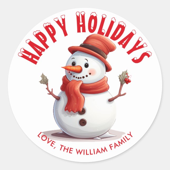 Personalised Red Snowcapped Happy Holidays Snowman Classic Round Sticker (Front)