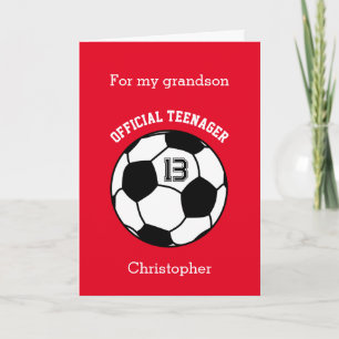 Personalised Red Soccer 13th Birthday Grandson Card
