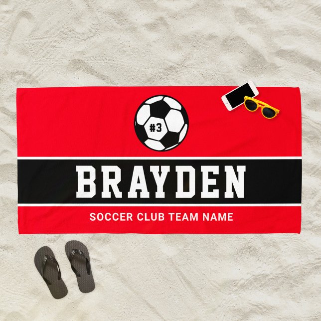 Personalised Red Soccer Player Name Beach Towel (Creator Uploaded)
