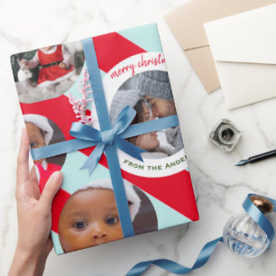 Personalised Red Stripe Fab Christmas Three Photo Wrapping Paper