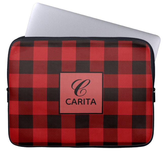Personalised Red Tartan Plaid Electronics Bag (Front)