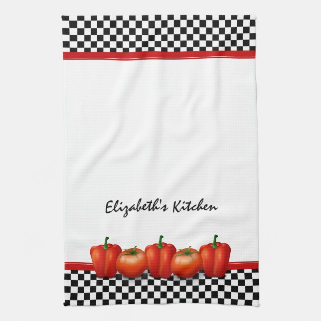 Personalised Red Tomatoes Pepper Italian Style Tea Towel (Vertical)