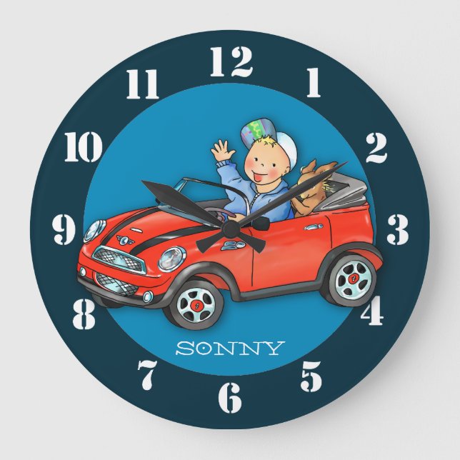 Personalised Red Toy Car Boy & Dog Wall Clock (Front)