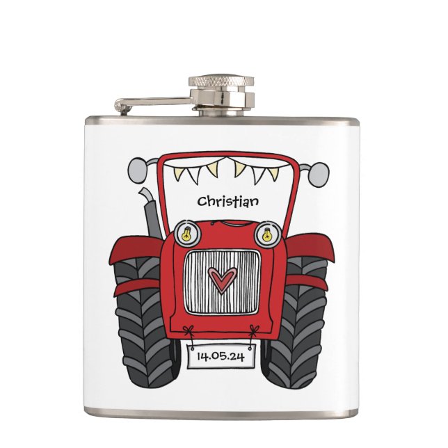Personalised Red Tractor Country Wedding Gift Hip Flask (Front)