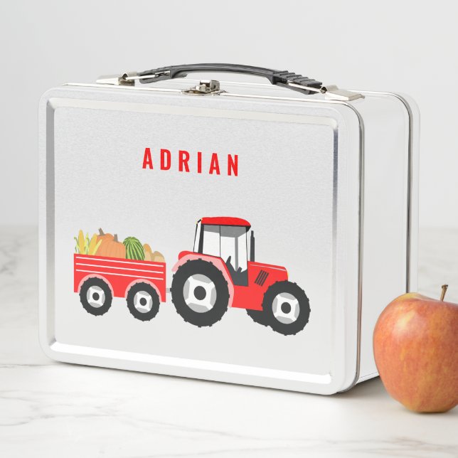 Personalised Red Tractor Truck Farm School Metal Lunch Box (In Situ)