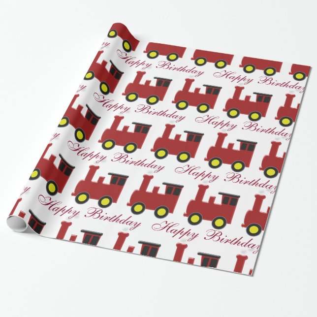 Personalised Red Train Birthday Wrapping Paper (Unrolled)