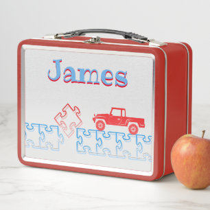 Personalised Red Truck And Puzzle Metal Lunch Box