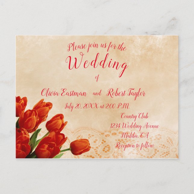 Personalised red tulips on lace background postcard (Front)