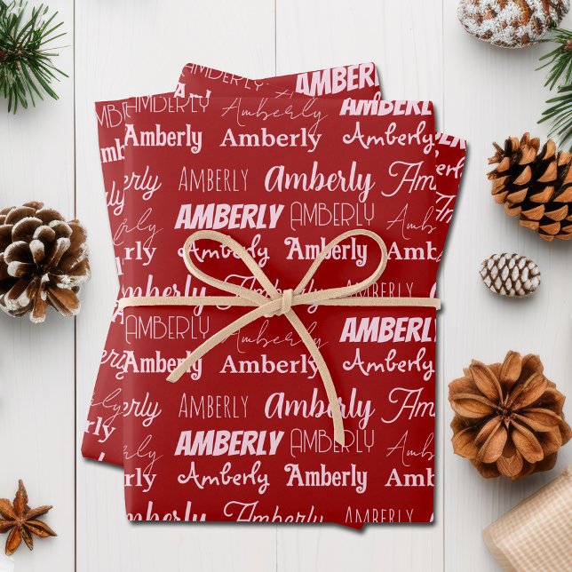 Personalised Red Typography Name Collage Christmas Wrapping Paper Sheet (Creator Uploaded)