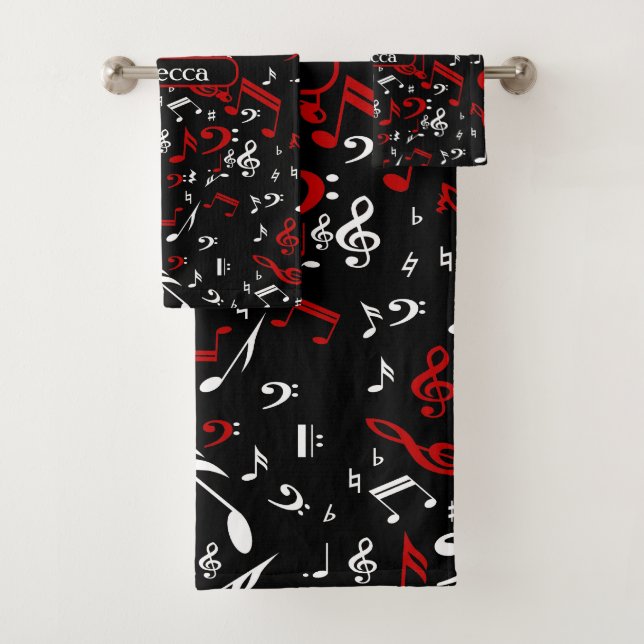 Personalised Red White and Black Musical Notes Bath Towel Set (Insitu)