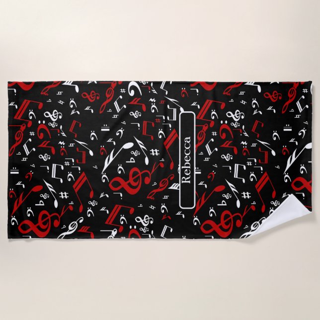 Personalised Red White and Black Musical Notes Beach Towel (Front)