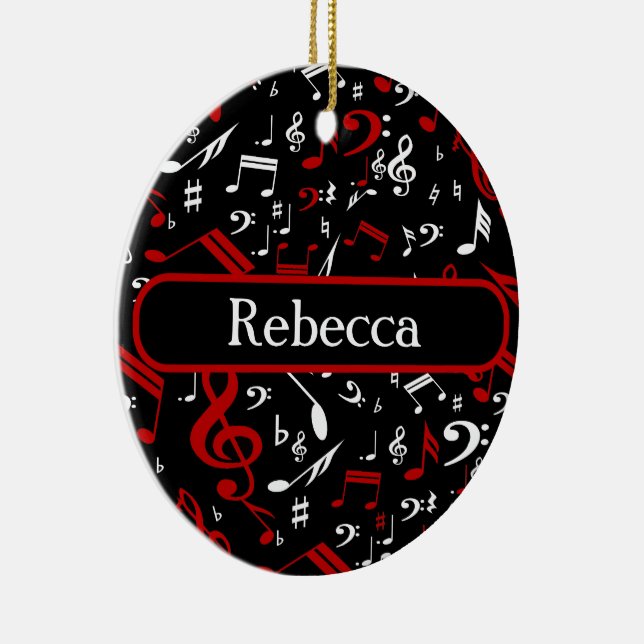 Personalised Red White and Black Musical Notes Ceramic Tree Decoration (Right)
