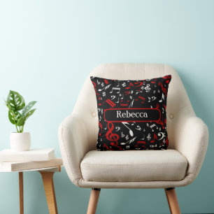 Personalised Red White and Black Musical Notes Cushion