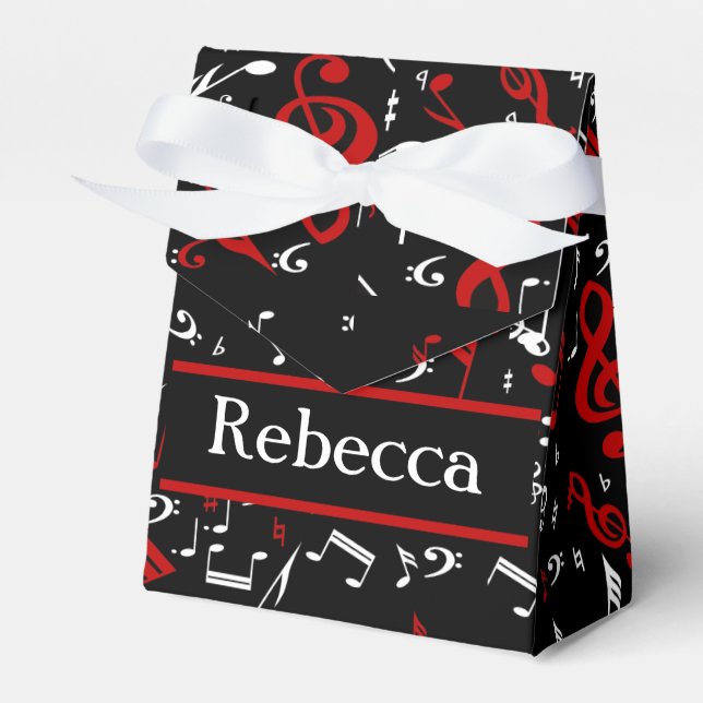 Personalised Red White and Black Musical Notes Favour Box (Front Side)