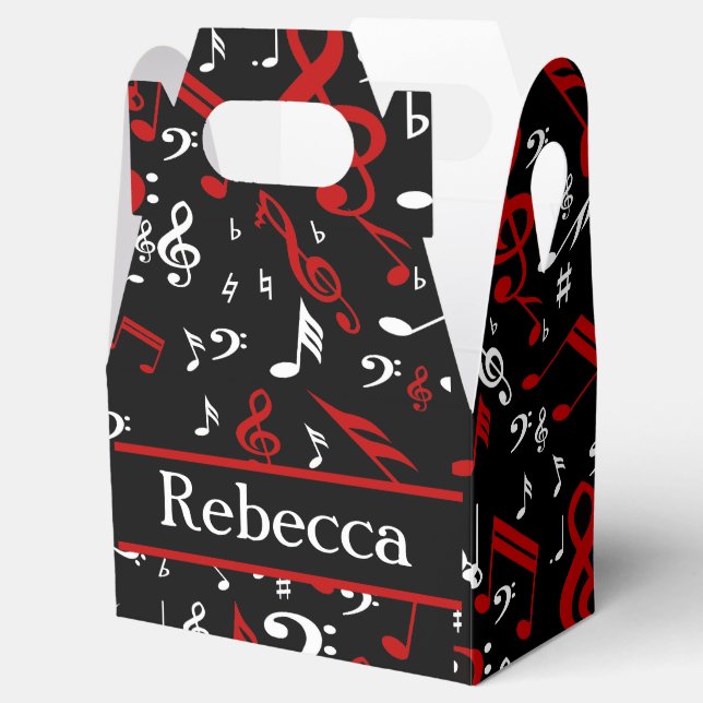 Personalised Red White and Black Musical Notes Favour Box (Opened)