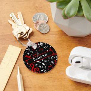 Personalised Red White and Black Musical Notes Key Ring