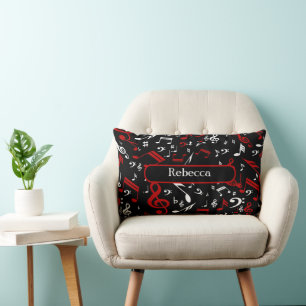Personalised Red White and Black Musical Notes Lumbar Cushion