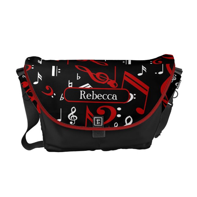Personalised Red White and Black Musical Notes Messenger Bag (Front)