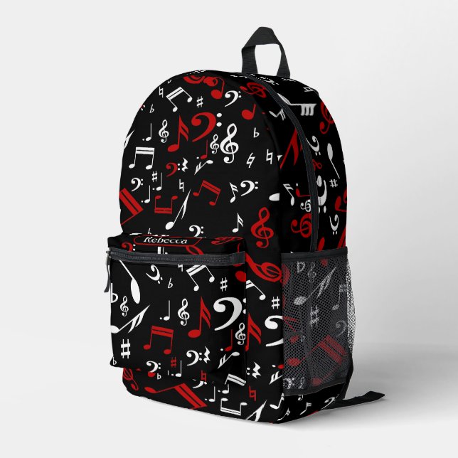Personalised Red White and Black Musical Notes Printed Backpack (Back Corner Right)