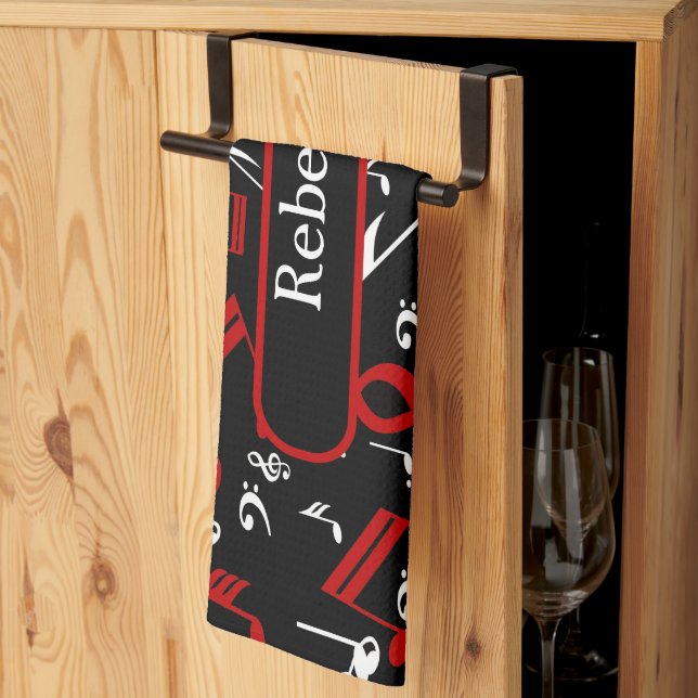 Personalised Red White and Black Musical Notes Tea Towel (Thirds Fold)