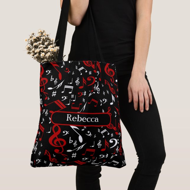 Personalised Red White and Black Musical Notes Tote Bag (Close Up)