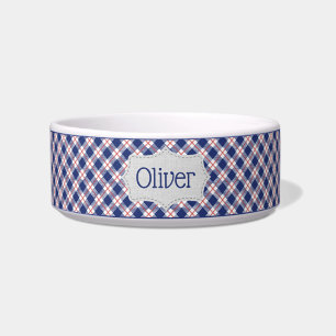 Personalised Red, White, and Blue Plaid Pet Bowl