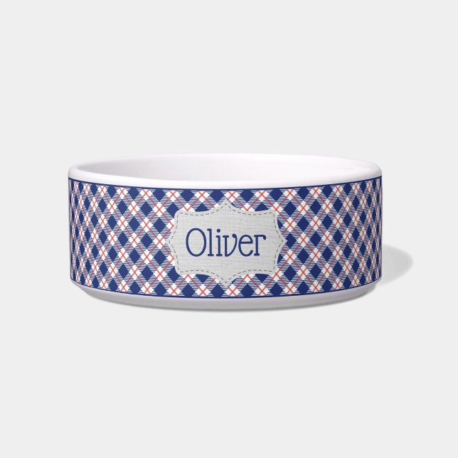 Personalised Red, White, and Blue Plaid Pet Bowl (Front)