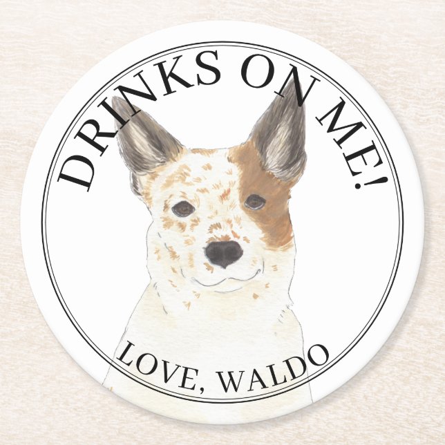 Personalised Red White Australian Cattledog Heeler Round Paper Coaster (Front)