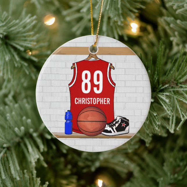 Personalised Red White Basketball Jersey Ceramic Tree Decoration (Tree)