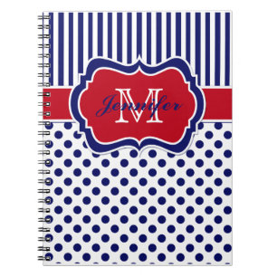 Personalised Red White Blue Striped Polka Dots Spiral Notebook