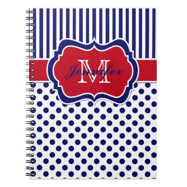 Personalised Red White Blue Striped Polka Dots Spiral Notebook (Front)
