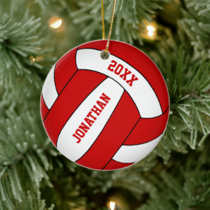 personalised red & white boys volleyball ceramic tree decoration