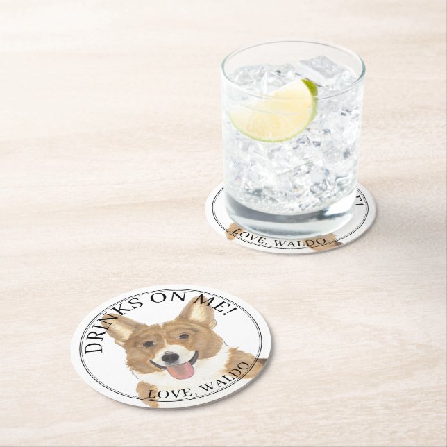 Personalised Red & White Corgi Dog Wedding Round Paper Coaster (Insitu)