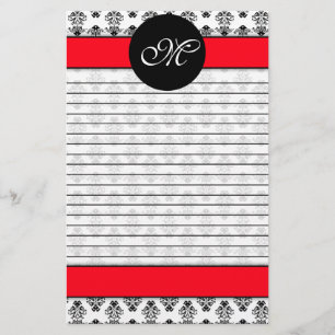 Personalised Red & White Damask Lined Monogram Stationery