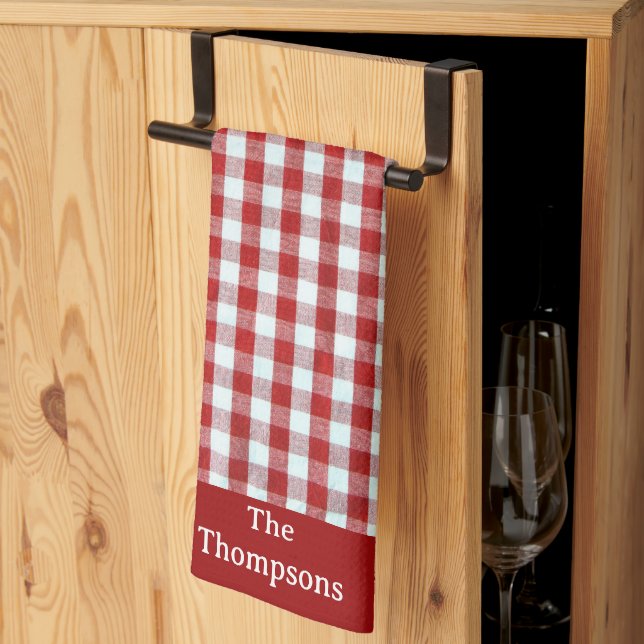 Personalised Red & White Gingham Check Tea Towel (Thirds Fold)