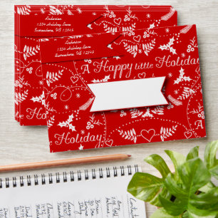 Personalised Red white Holly Happy little Holiday Envelopes