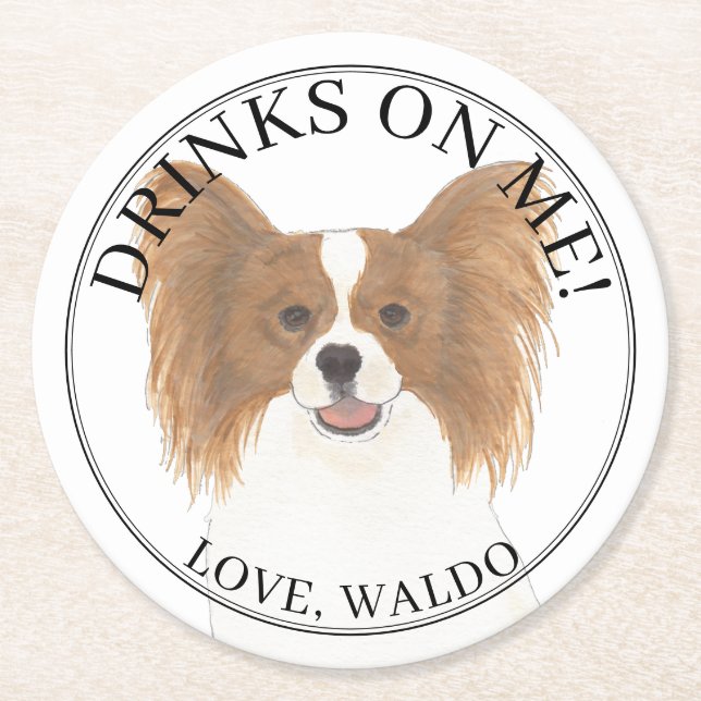 Personalised Red & White Papillon Dog Wedding Round Paper Coaster (Front)