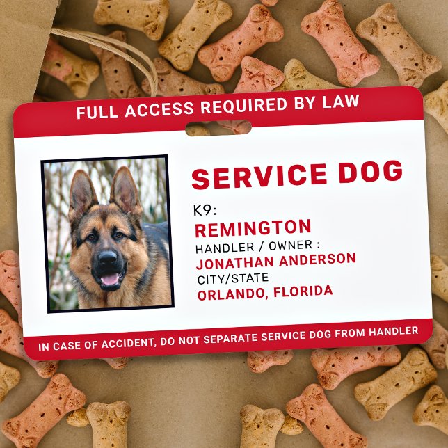 Personalised Red White Service Dog Photo ID Badge (Creator Uploaded)