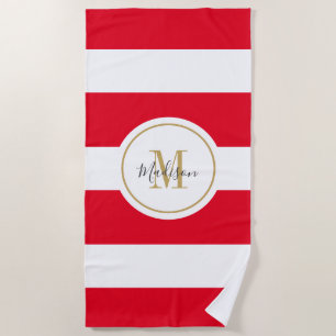 Personalised Red White Stripes Script Monogram Beach Towel