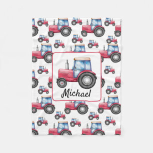 Personalised Red white Watercolor Tractor Pattern Fleece Blanket