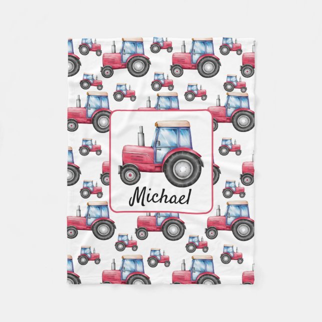 Personalised Red white Watercolor Tractor Pattern Fleece Blanket (Front)