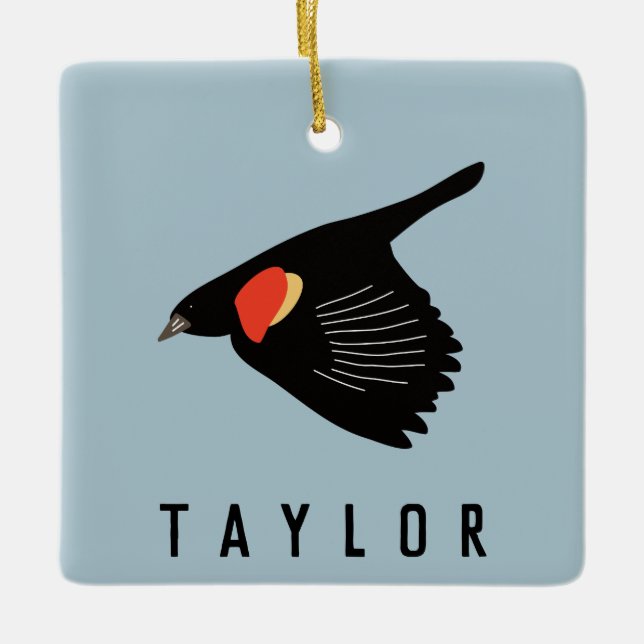 Personalised Red-Winged Blackbird in Flight Ceramic Ornament (Front)