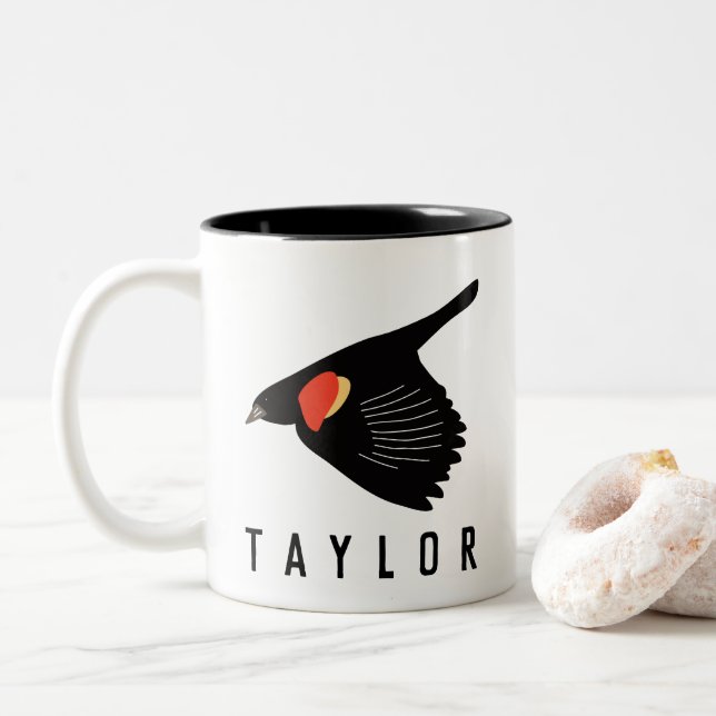 Personalised Red-Winged Blackbird in Flight Two-Tone Coffee Mug (With Donut)
