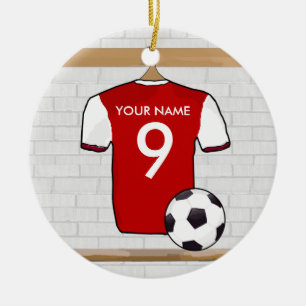 Personalised Red with White Football Soccer Jersey Ceramic Tree Decoration