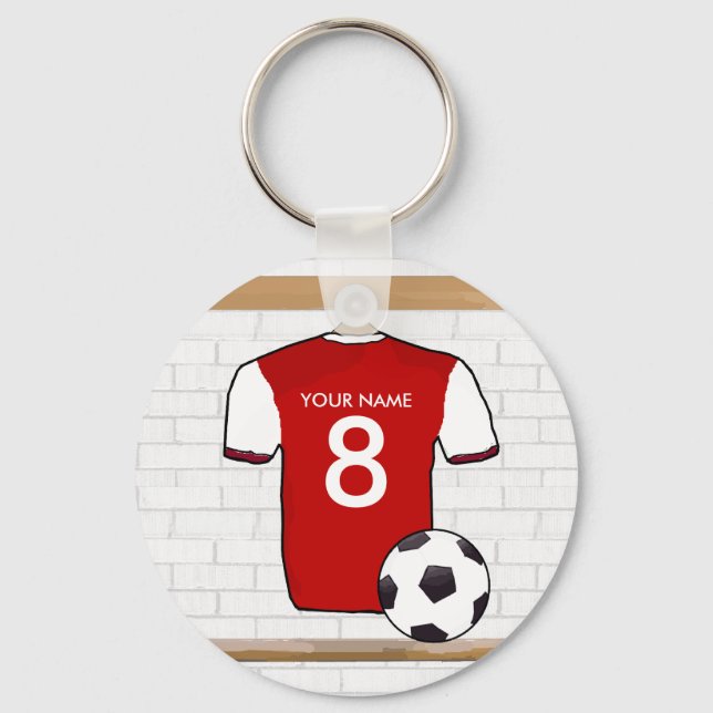 Personalised Red with White Football Soccer Jersey Key Ring (Front)