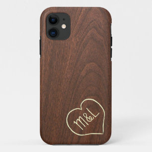 Personalised Red Wood Texture w/ heart & initials iPhone 11 Case