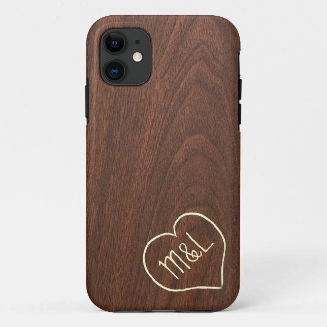 Personalised Red Wood Texture w/ heart & initials Case-Mate iPhone Case (Back)